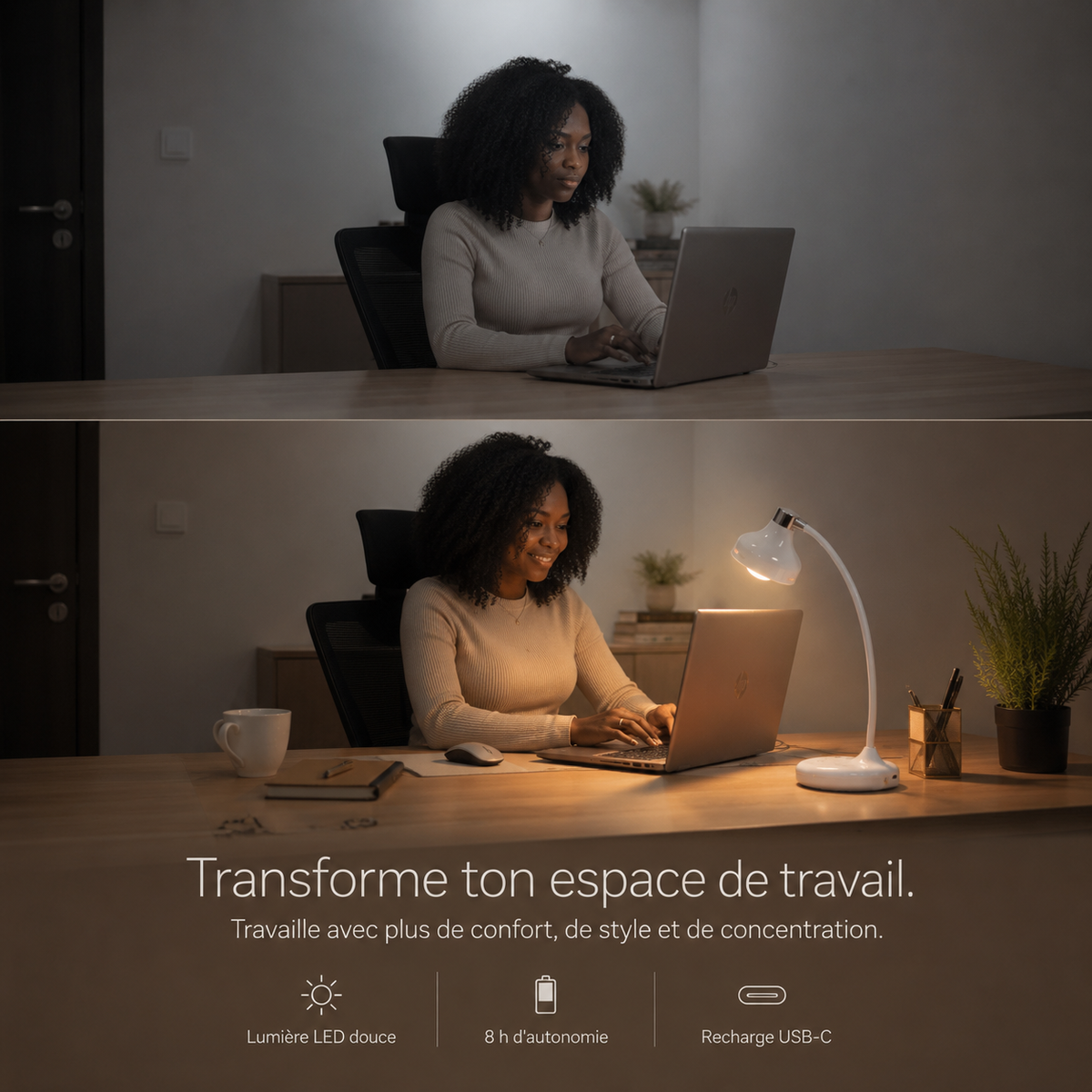 Lampe de Bureau LED Premium – 3 Modes d'Éclairage & 8 h d'Autonomie