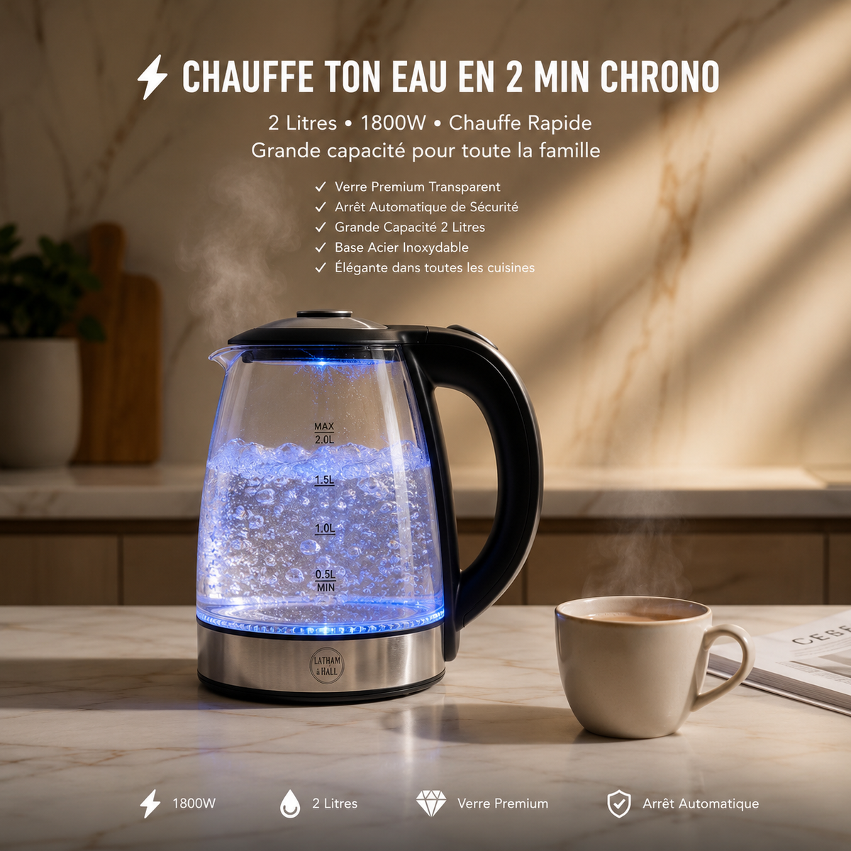 Bouilloire Électrique Premium en Verre 2 Litres