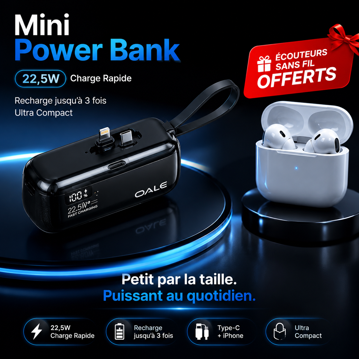 Powerbank OALE Ultra Rapide + Écouteur Sans Fil Offert
