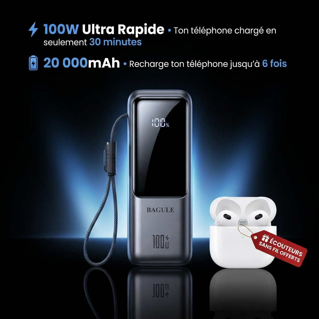 Powerbank BAGULE 100W Utra-Rapide + écouteur sans fil offert