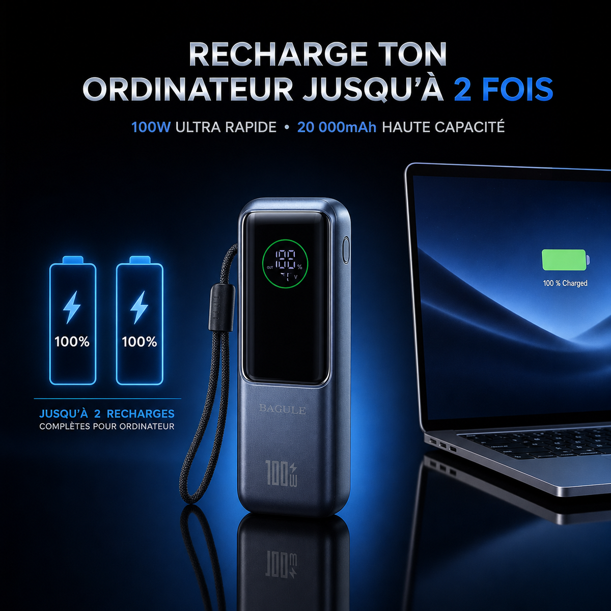 Powerbank BAGULE 100W Utra-Rapide + écouteur sans fil offert