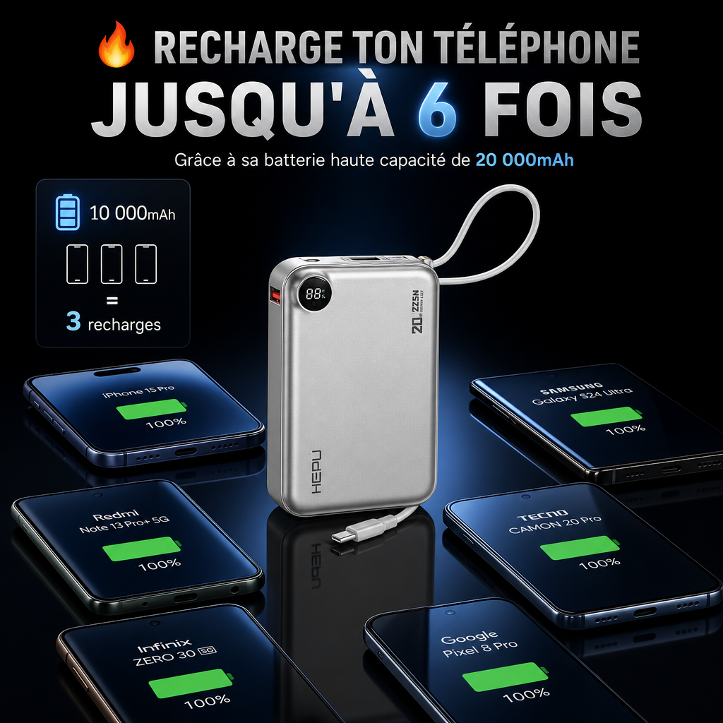 Powerbank HEPU Ultra Rapide 20 000 mAh + Écouteur Sans Fil Offert