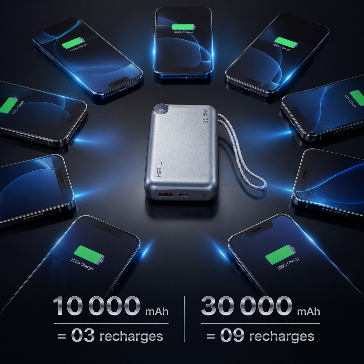Powerbank HEPU Ultra Rapide 30 000 mAh + Écouteur Sans Fil Offert