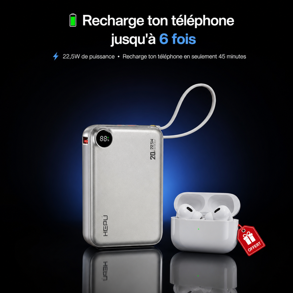 Powerbank HEPU Ultra Rapide 20 000 mAh + Écouteur Sans Fil Offert