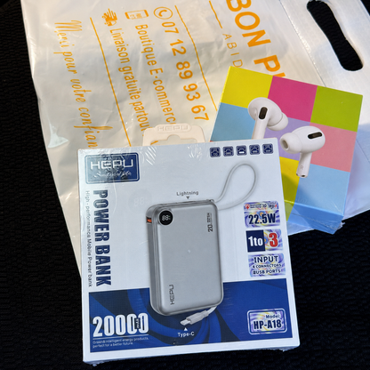 Powerbank HEPU Ultra Rapide 20 000 mAh + Écouteur Sans Fil Offert