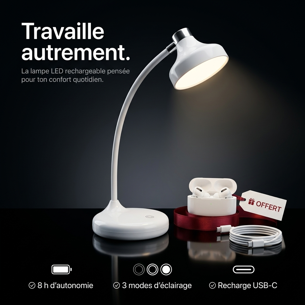 Lampe de Bureau LED Premium – 3 Modes d'Éclairage & 8 h d'Autonomie