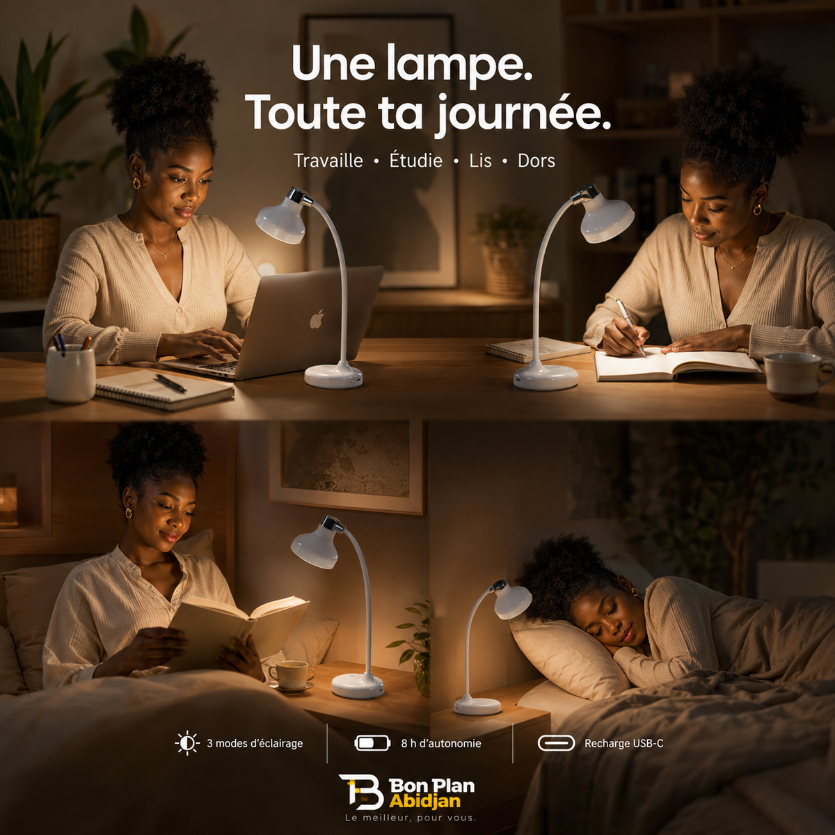 Lampe de Bureau LED Premium – 3 Modes d'Éclairage & 8 h d'Autonomie