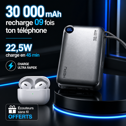 Powerbank HEPU Ultra Rapide 30 000 mAh + Écouteur Sans Fil Offert